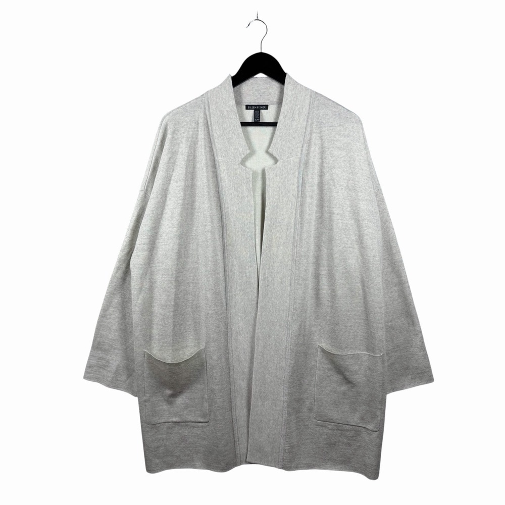 Eileen Fisher Notch Collar Cardigan in Pearl‎ Merino Wool Blend Open Cardigan XL